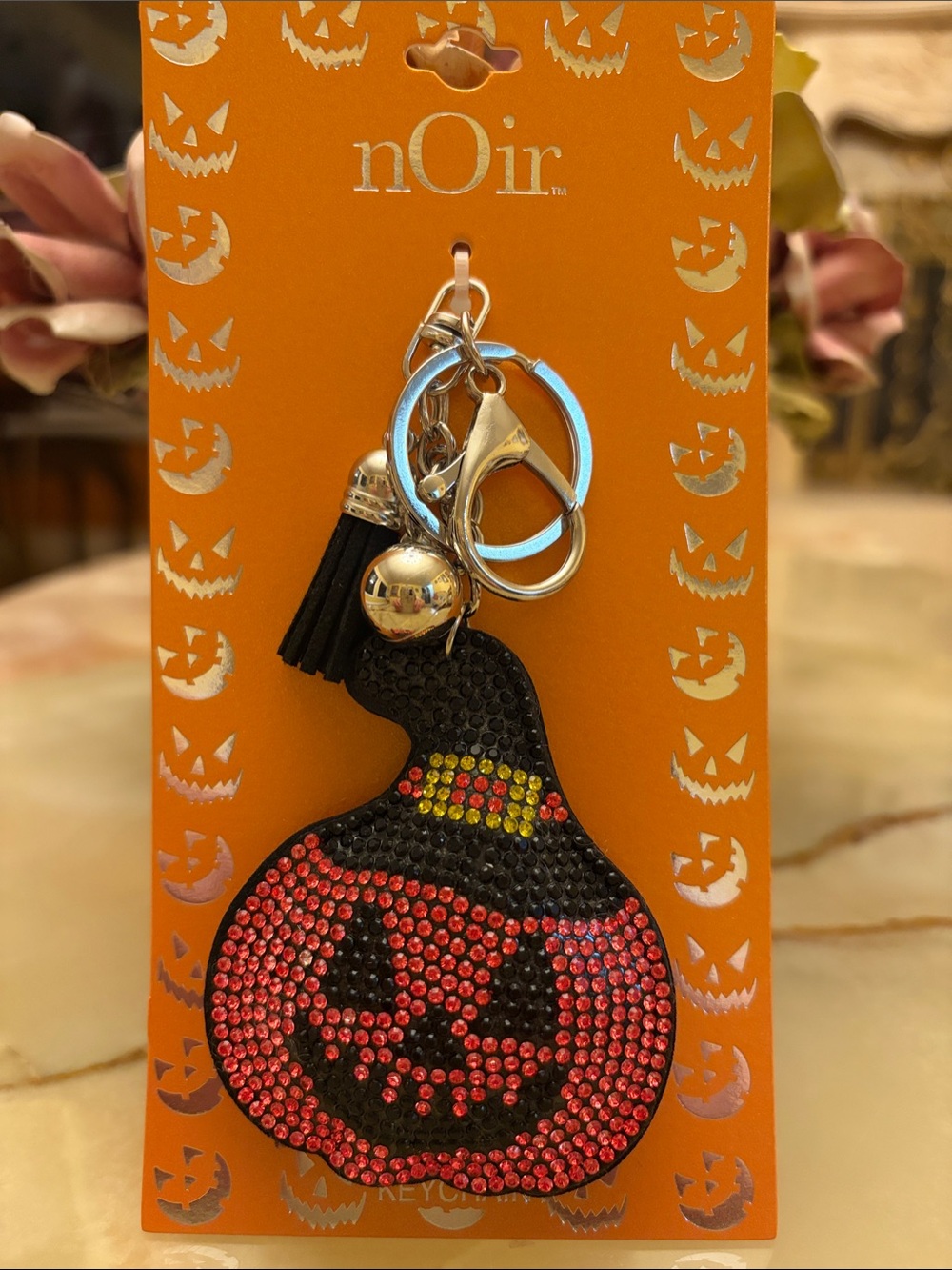 nOir Jewelry Black Pumpkin Key & Tassel Charm with Silver Hardware